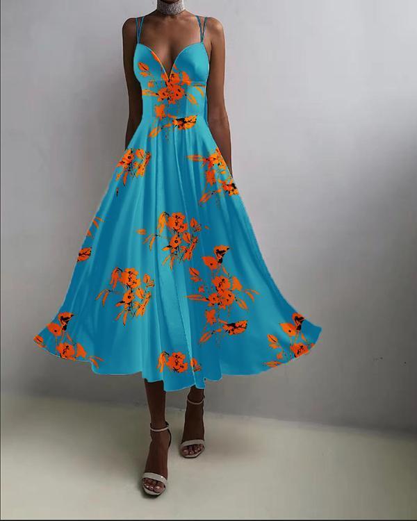 women elegant open back print christmas party dress sling maxi swing dress