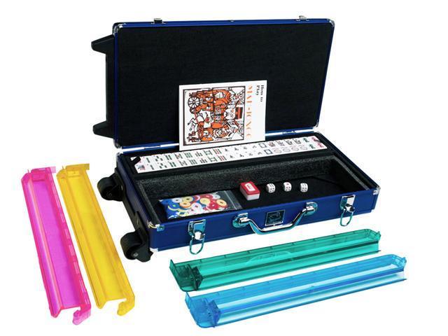 White Swan Mah Jongg- White Tiles - Modern Pusher Arms - Wheeled Aluminum Case - Blue
