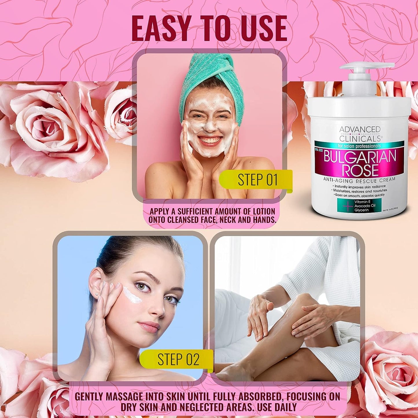 Advanced Clinicals Bulgarian Rose Rescue Cream, Anti-Aging Face & Body Moisturizer for Dry Skin, 16 Oz