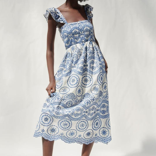vintage ruffled long hollow embroidery dress