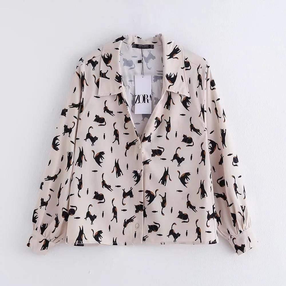 women's cat print blouse