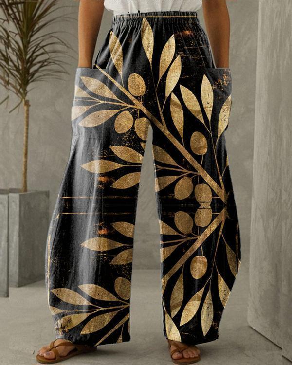 women cotton pure color pocket printing pants
