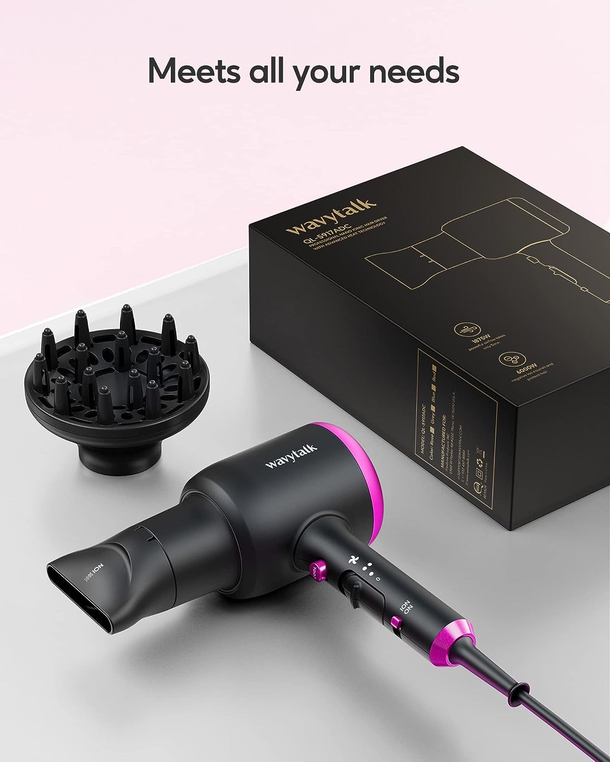 Wavytalk Diffuser Hair Dryer with Diffuser 1875W Blow Dryer Ionic Hair Dryer for Women with Constant Temperature, Hair Dryer with Ceramic Technology Fasting Drying Light and Quiet, Black