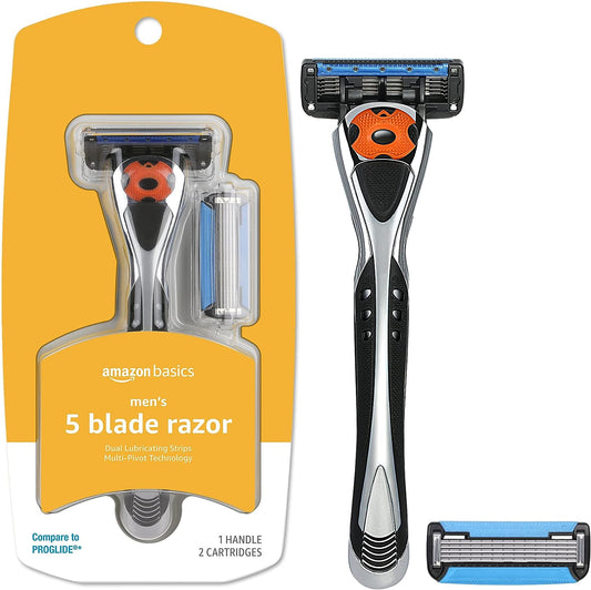 Amazon Basics 5-Blade Motion Sphere Razor for Men with Dual Lubrication and Precision Beard Trimmer, Handle &amp; 2 Cartridges (Fits Amazon Basics Razor Handles only), Black (Previously Solimo)