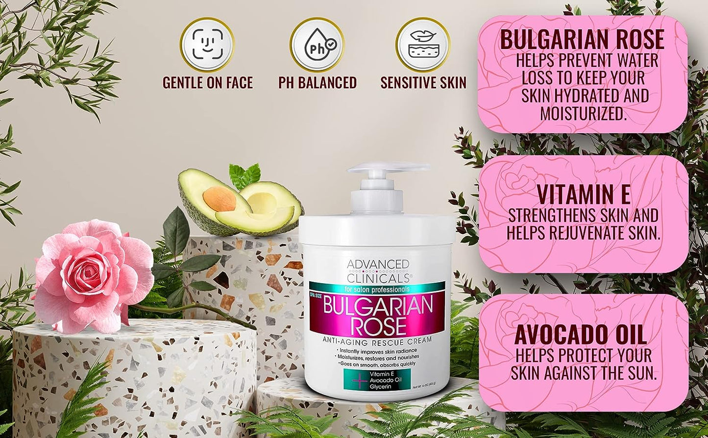 Advanced Clinicals Bulgarian Rose Rescue Cream, Anti-Aging Face &amp; Body Moisturizer for Dry Skin, 16 Oz
