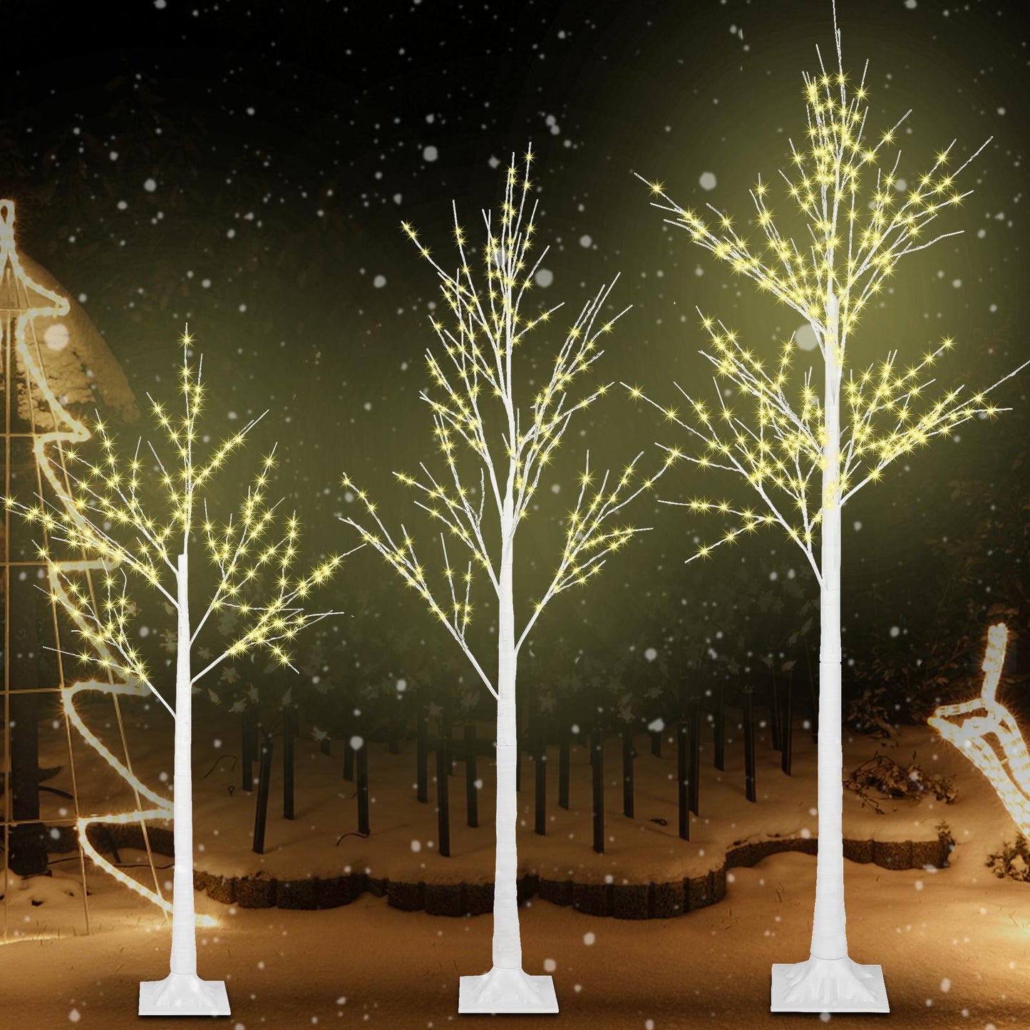 3PCS White Christmas Tree, 4FT 5FT 6FT Prelit Birth Tree Set with LED Lights, Lighted Artificial Christmas Tree for Holiday Xmas Party Decoration Indoor Outdoor Decor
