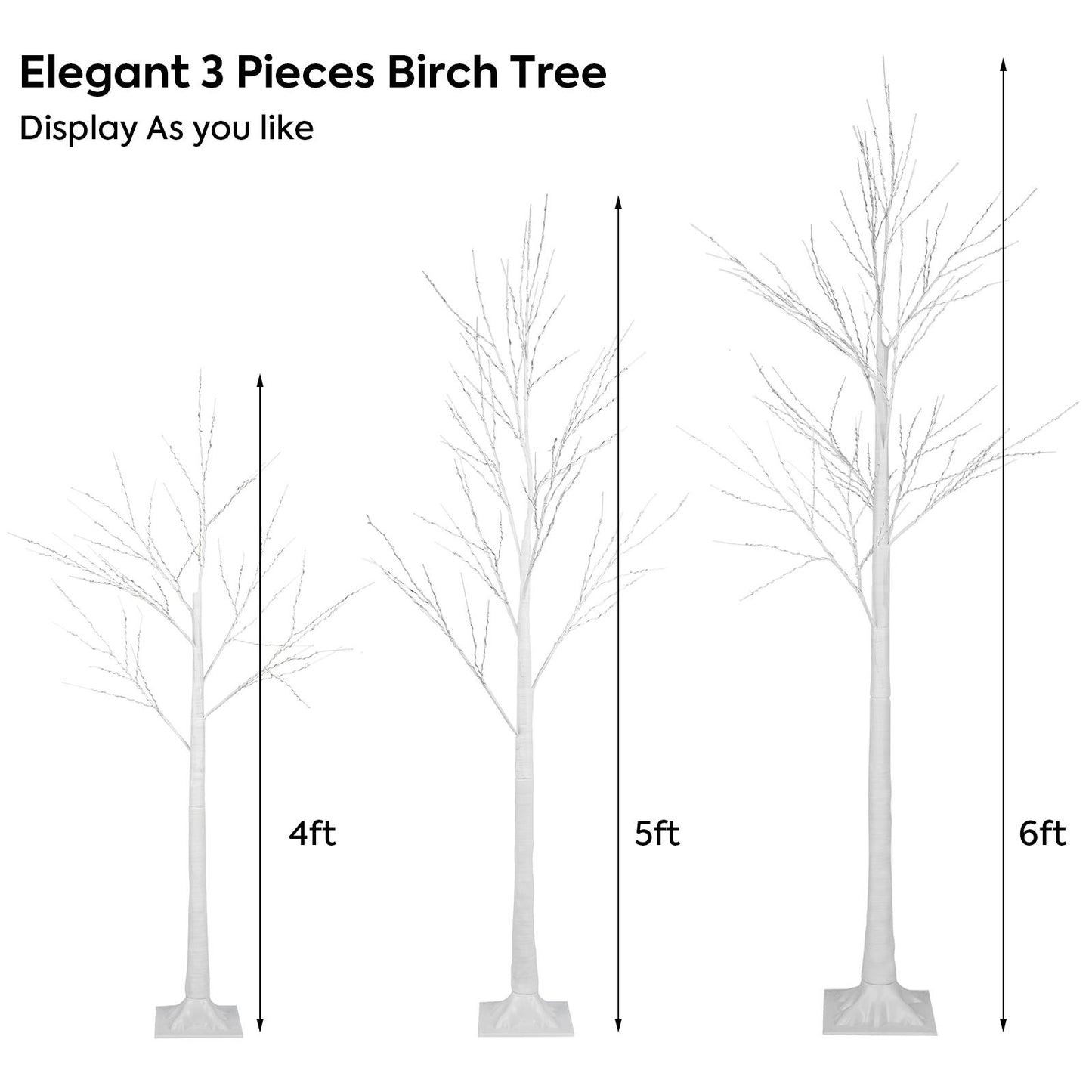 3PCS White Christmas Tree, 4FT 5FT 6FT Prelit Birth Tree Set with LED Lights, Lighted Artificial Christmas Tree for Holiday Xmas Party Decoration Indoor Outdoor Decor