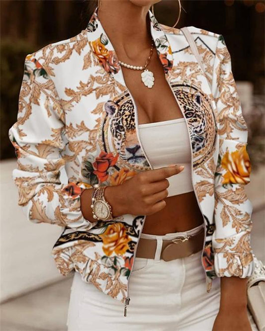 women's jackets zip embellished printed long sleeve jacket