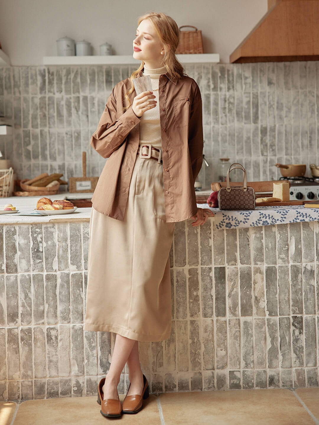Odette Straight Khaki Midi Skirt