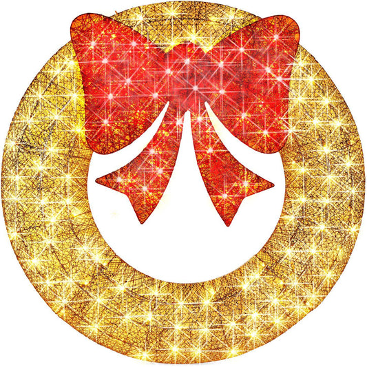 48in Pre-Lit Outdoor Christmas Wreath, LED Metal Holiday Decor w/ 140 Lights, Bow - Gold/Red