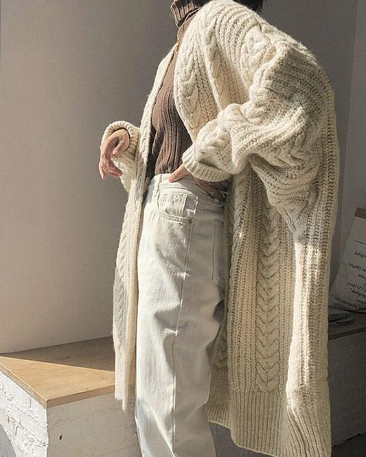 winter collarless solid cable knitted cardigan loose long coat