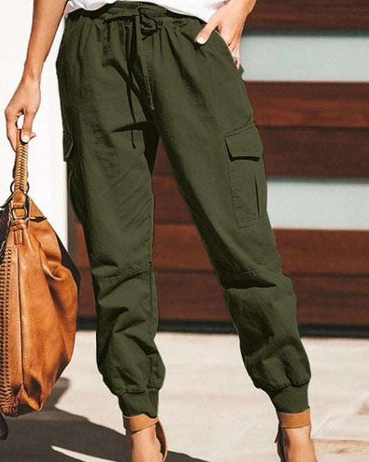 women casual pure color pocket elastic waist cargo trousers