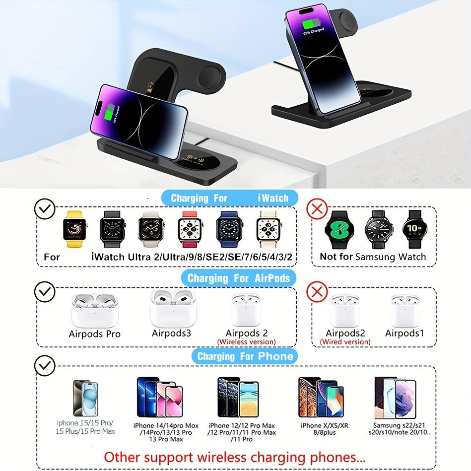 Wireless Charging Station For  Multiple Devices Foldable 3 In 1 Fast Charger Station Stand Dock For IWatch Series 8, 7, 6, SE, 5, 4, 3, 2, Airpods Pro 3, 2,  14Pro, 14, 13, Pro Max, 13 ,12, 11 Pro, X ,Max ,XS, XR, 8