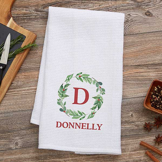 watercolor wreath personalized waffle weave kitchen towel