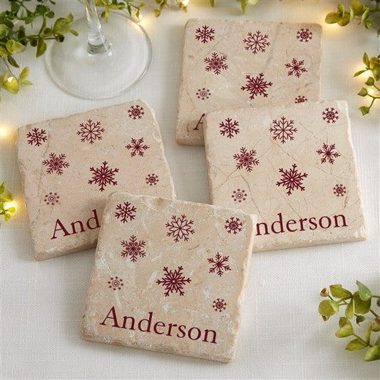 winter wonderland personalized tumbled stone coaster set