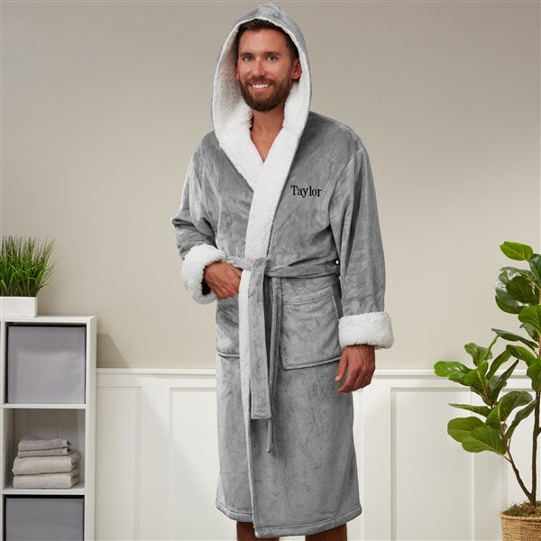 just for him personalized sherpa hooded fleece robe- grey