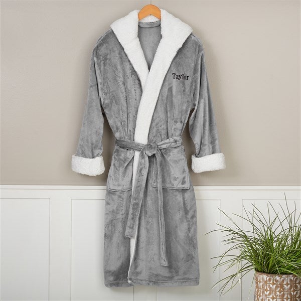 just for him personalized sherpa hooded fleece robe- grey