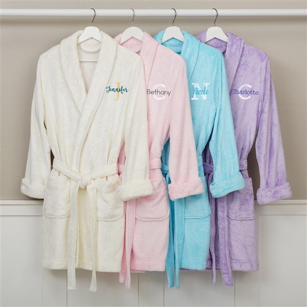 playful name embroidered ivory short fleece robe