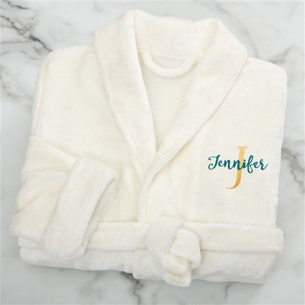 playful name embroidered ivory short fleece robe