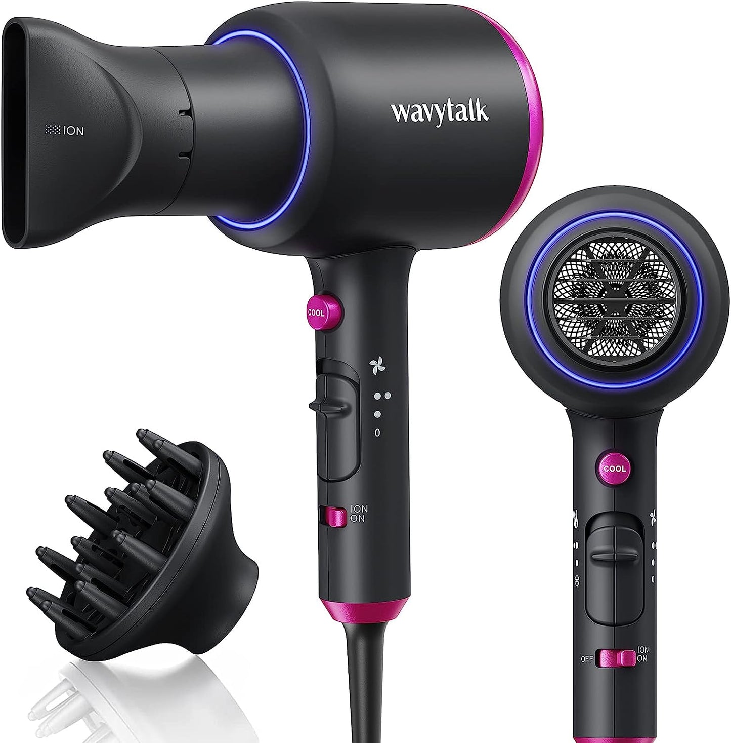 Wavytalk Diffuser Hair Dryer with Diffuser 1875W Blow Dryer Ionic Hair Dryer for Women with Constant Temperature, Hair Dryer with Ceramic Technology Fasting Drying Light and Quiet, Black