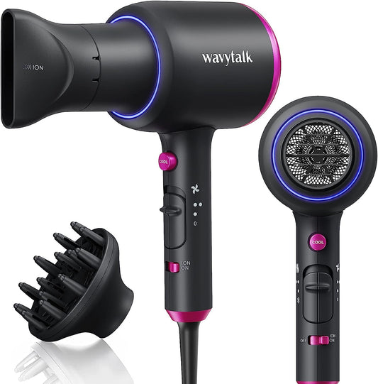 Wavytalk Diffuser Hair Dryer with Diffuser 1875W Blow Dryer Ionic Hair Dryer for Women with Constant Temperature, Hair Dryer with Ceramic Technology Fasting Drying Light and Quiet, Black