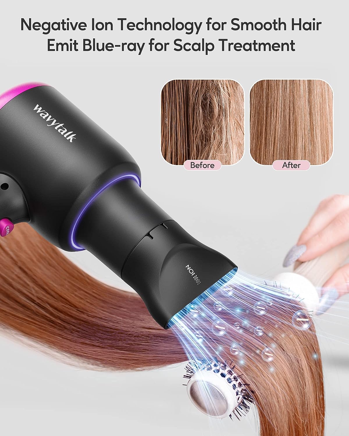 Wavytalk Diffuser Hair Dryer with Diffuser 1875W Blow Dryer Ionic Hair Dryer for Women with Constant Temperature, Hair Dryer with Ceramic Technology Fasting Drying Light and Quiet, Black