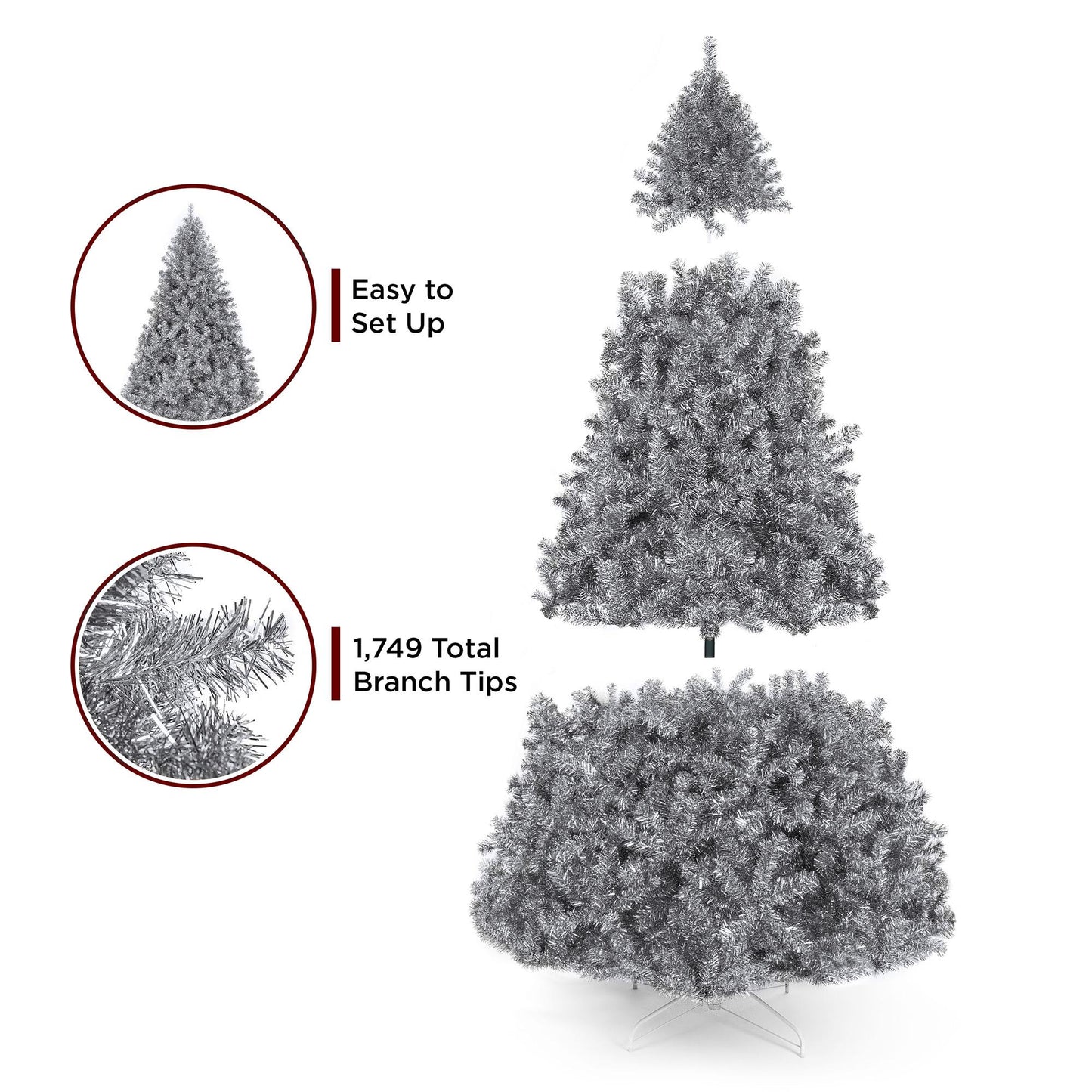 7.5ft Artificial Silver Tinsel Christmas Tree Holiday Decoration w/ 1,749 Branch Tips, Stand