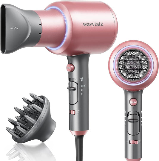 Wavytalk Professional Ionic Hair Dryer Blow Dryer with Diffuser and Concentrator for Curly Hair 1875 Watt Negative Ions Dryer with Ceramic Technology Nozzle for Fast Drying as Salon Light and Quiet