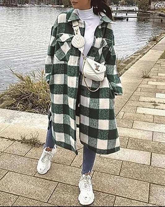 women green long plaid coat