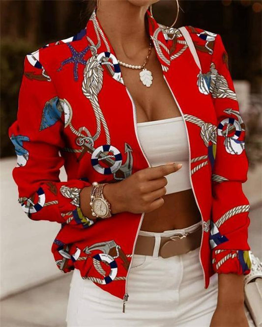 women's jackets zip embellished printed long sleeve jacket
