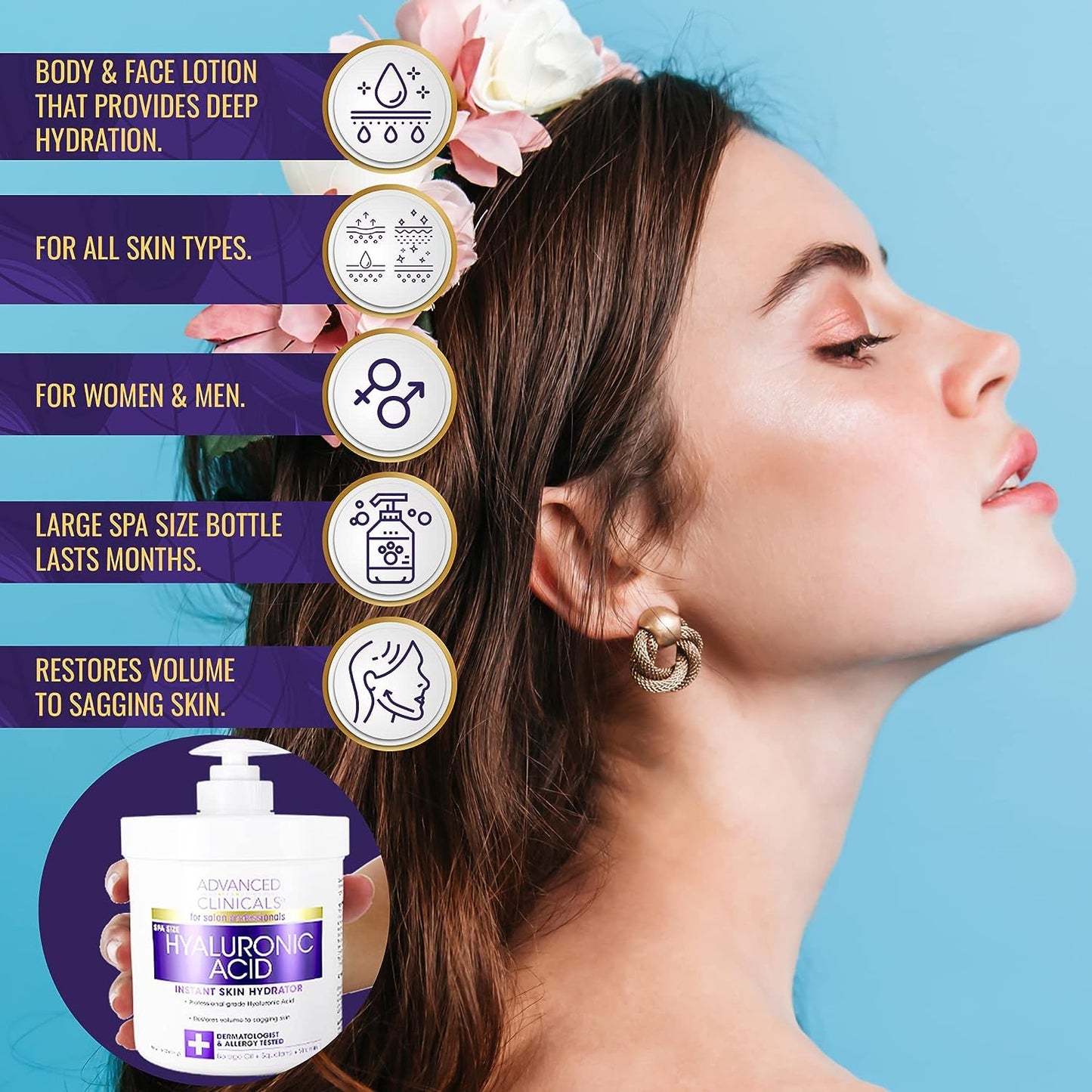 Advanced Clinicals Hyaluronic Acid Body Lotion &amp; Face Moisturizer W/Vitamin E | Hydrating Dry Skin Firming Lotion Minimizes Look Of Wrinkles, Stretch Marks, &amp; Crepey Skin | Skin Care Products, 16 Oz