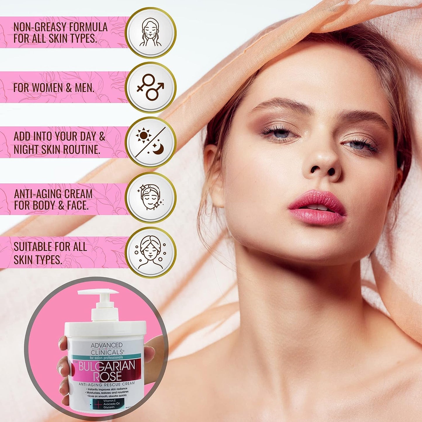 Advanced Clinicals Bulgarian Rose Rescue Cream, Anti-Aging Face &amp; Body Moisturizer for Dry Skin, 16 Oz
