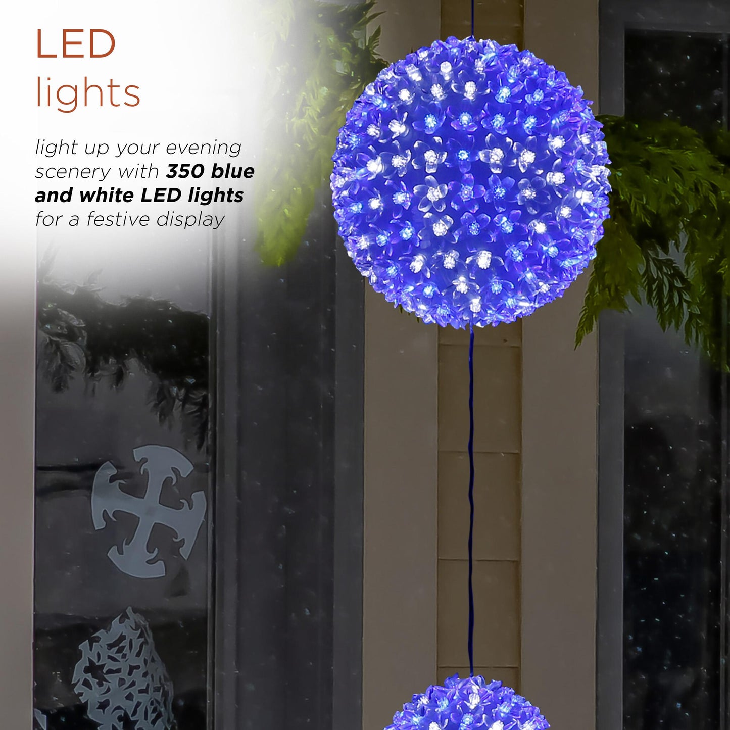Alpine Corporation 3-Tier Ornament String Holiday Decoration with LED Lights, Blue/White
