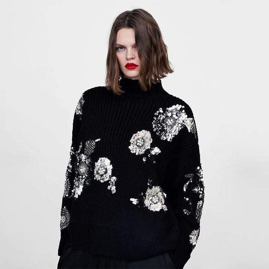 women sequined flower knitted sweater
