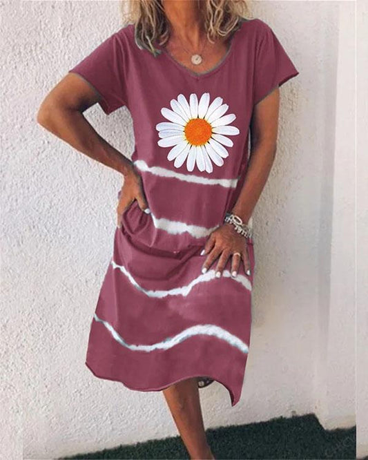women flower stripe v neck short sleeve midi dress