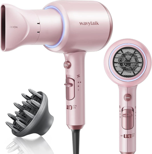 Wavytalk Professional Hair Dryer with Diffuser 1875W Power Dryer, Blow Dryer Ionic Hair Dryer for Women with Constant Temperature, Diffuser Hair Dryer Fast Drying &amp;Low Noise, Millennial Pink