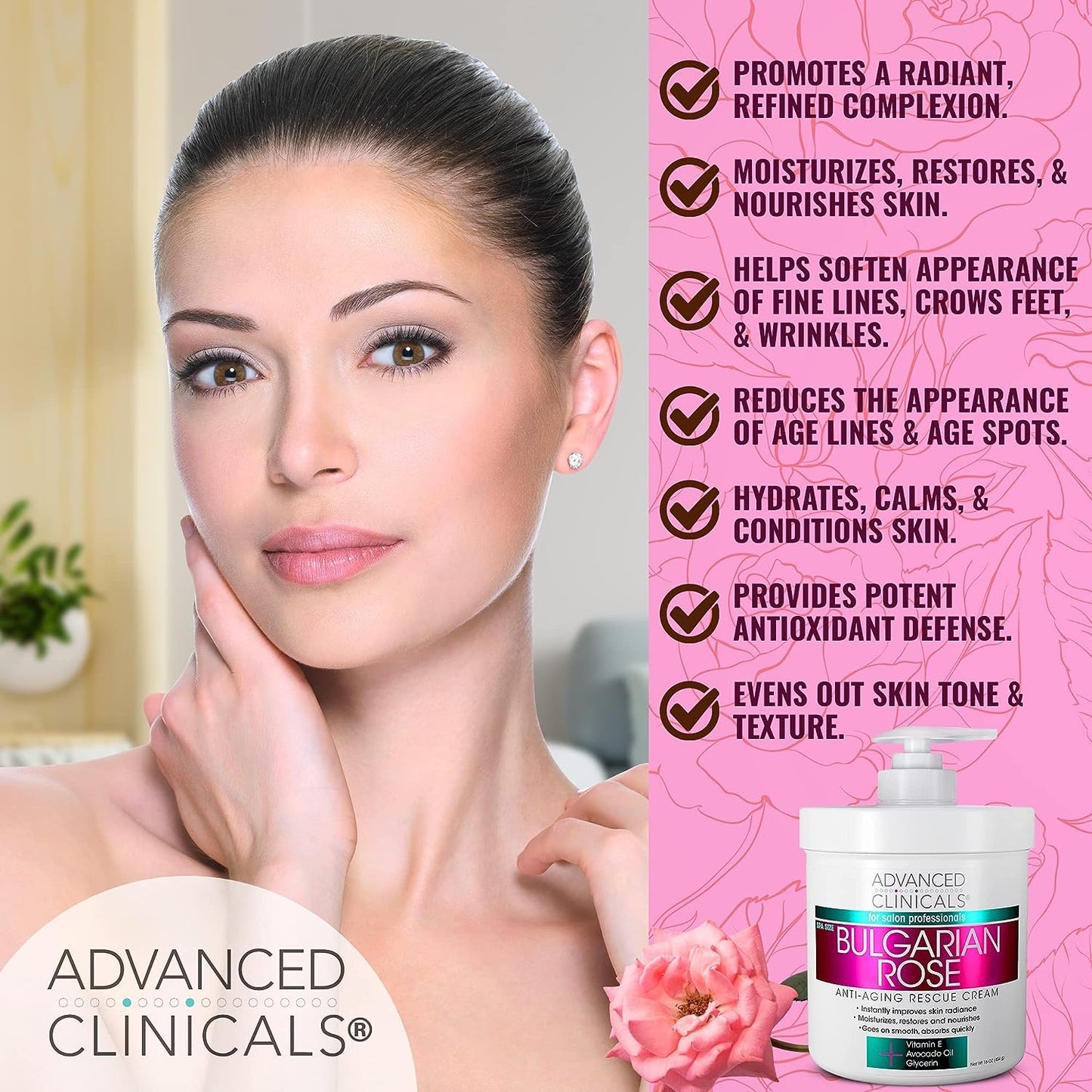 Advanced Clinicals Bulgarian Rose Rescue Cream, Anti-Aging Face &amp; Body Moisturizer for Dry Skin, 16 Oz