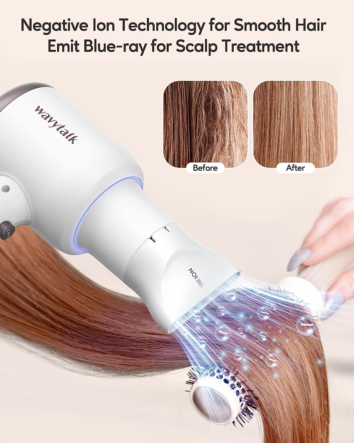 Wavytalk Hair Dryer with Diffuser and Concentrator Professional 1875 Watt Negative Ions Dryer Fast Drying Light and Quiet with Ceramic Technology Nozzle for Women Curly Hair, Matte White