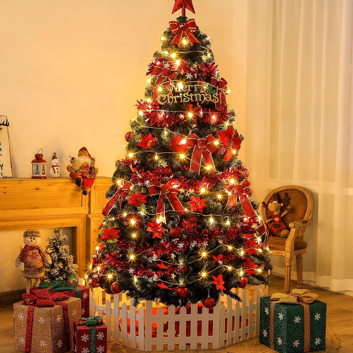 7.5ft Prelit Christmas Tree, Artificial Christmas Tree with 350 Warm White Lights and Metal Stand, 1250 Branch Tips Green Christmas Tree for Indoor Outdoor Home Holiday Decoration, TE1151