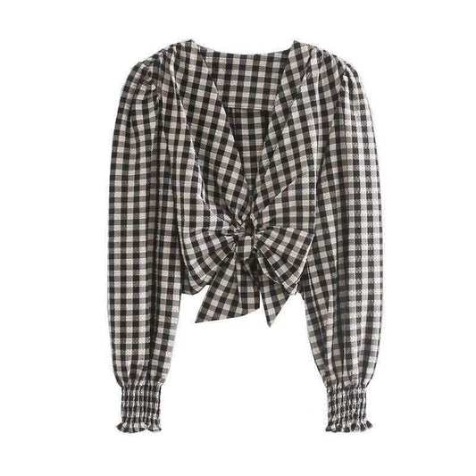 women vintage v neck plaid print shirts