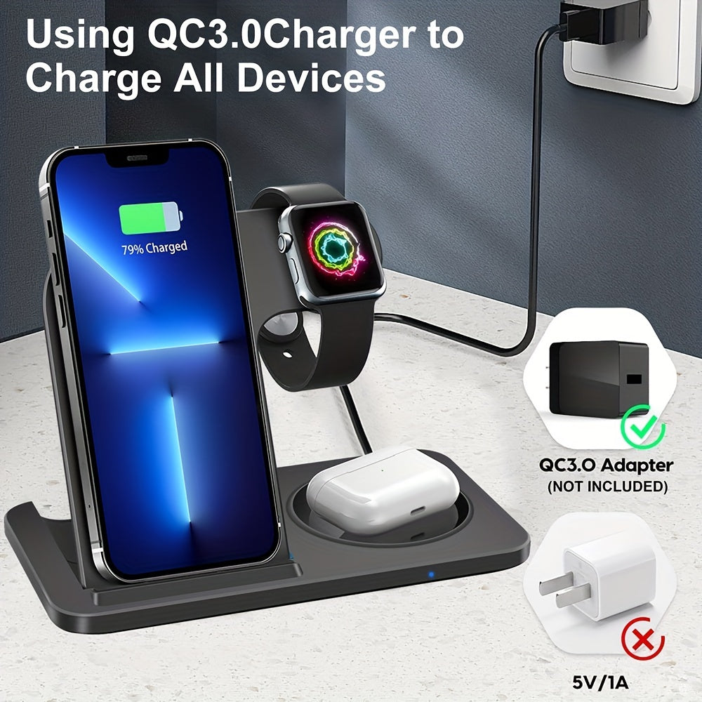 Wireless Charging Station For  Multiple Devices Foldable 3 In 1 Fast Charger Station Stand Dock For IWatch Series 8, 7, 6, SE, 5, 4, 3, 2, Airpods Pro 3, 2,  14Pro, 14, 13, Pro Max, 13 ,12, 11 Pro, X ,Max ,XS, XR, 8