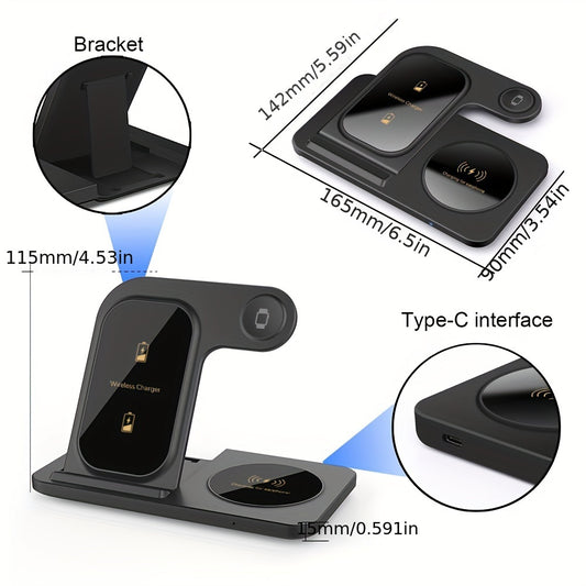 Wireless Charging Station For  Multiple Devices Foldable 3 In 1 Fast Charger Station Stand Dock For IWatch Series 8, 7, 6, SE, 5, 4, 3, 2, Airpods Pro 3, 2,  14Pro, 14, 13, Pro Max, 13 ,12, 11 Pro, X ,Max ,XS, XR, 8