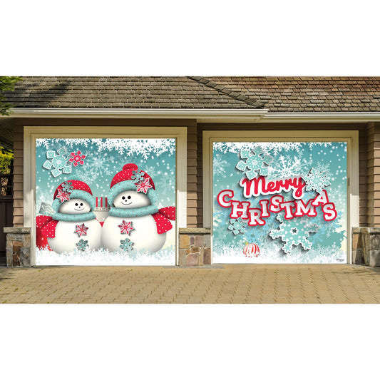 7' x 8' Blue and White Snowman Outdoor Split Car Garage Door Banner
