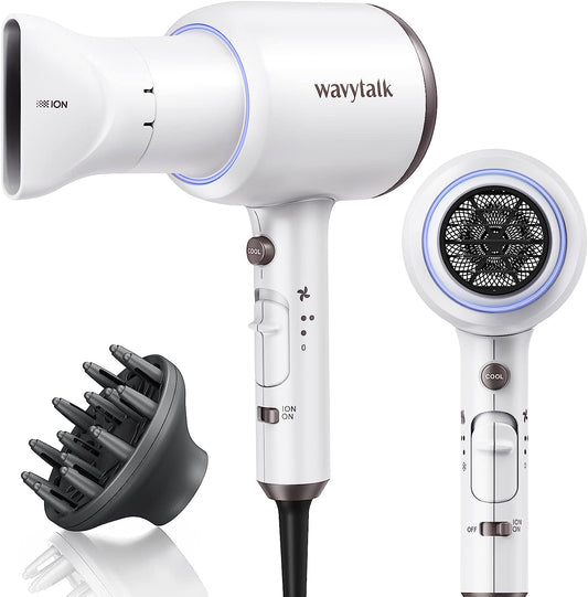 Wavytalk Hair Dryer with Diffuser and Concentrator Professional 1875 Watt Negative Ions Dryer Fast Drying Light and Quiet with Ceramic Technology Nozzle for Women Curly Hair, Matte White