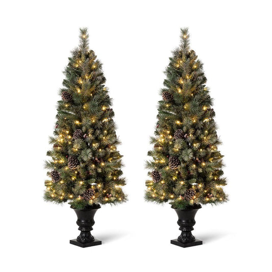 5 ft. Pre-Lit Flocked Pine Artificial Christmas Tree with 130 Warm White Lights (Set of 2)