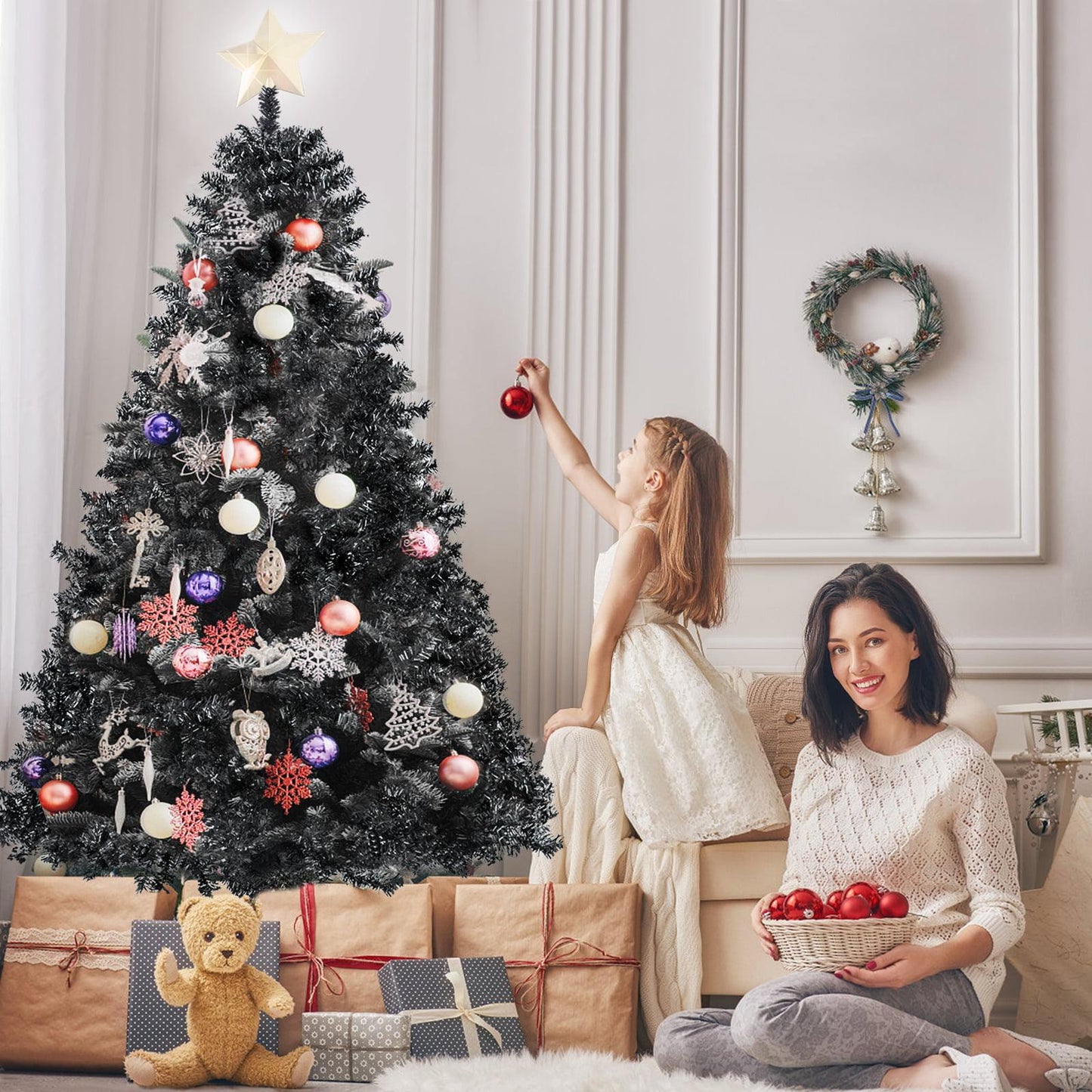 7.5ft Black Christmas Tree, Black Artificial Christmas Tree, 1750 PVC Branch Tips, Classic Xmas Tree with Metal Hinges and Sturdy Metal Stand, Seasonal Holiday Decoration for Home, Office, Party