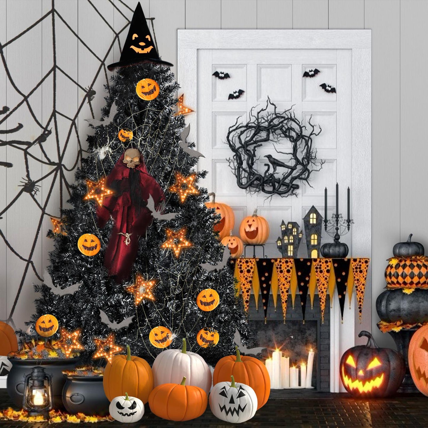 7.5ft Black Christmas Tree, Black Artificial Christmas Tree, 1750 PVC Branch Tips, Classic Xmas Tree with Metal Hinges and Sturdy Metal Stand, Seasonal Holiday Decoration for Home, Office, Party