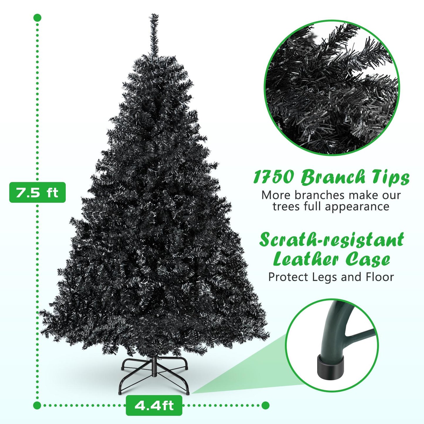 7.5ft Black Christmas Tree, Black Artificial Christmas Tree, 1750 PVC Branch Tips, Classic Xmas Tree with Metal Hinges and Sturdy Metal Stand, Seasonal Holiday Decoration for Home, Office, Party