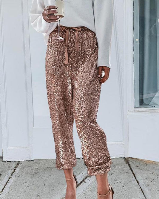 women sparkle sequins drawstring high waist fashion trousers(2 colors)