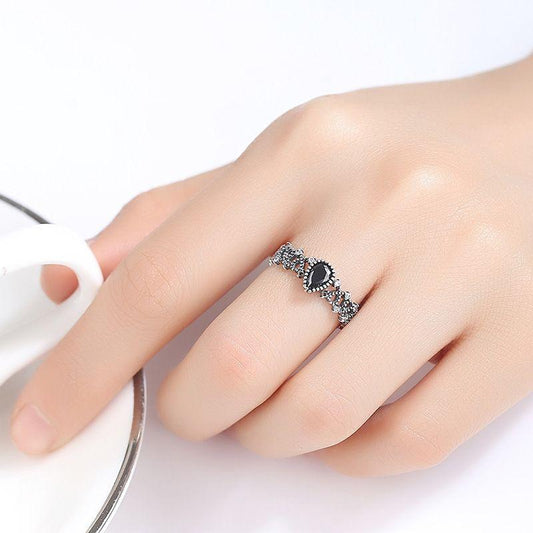 vintage waterdrop black cz hollow 925 sterling silver adjustable ring
